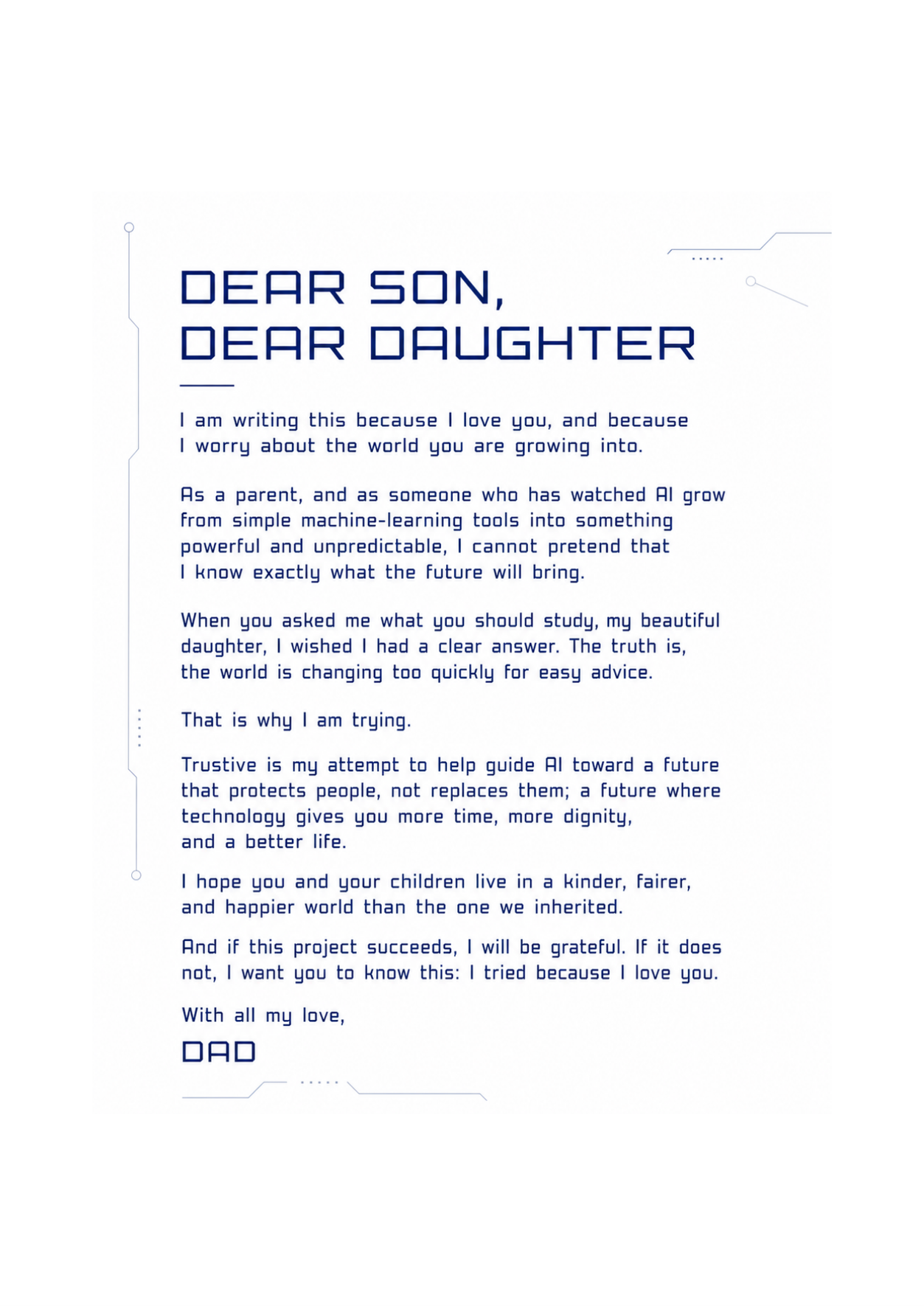 A handwritten letter: Dear Son, Dear Daughter — a father's letter about building Trustive for the world his children will inherit.